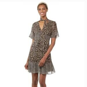 NWT Michael Kors Leopard print dress Size Large Flounce Sleeve Mini Tie Neck